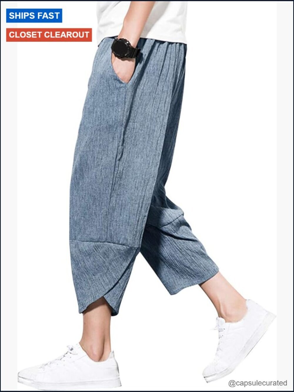 Wide Leg Harem Capri Pants with Pockets Casual Linen Blend